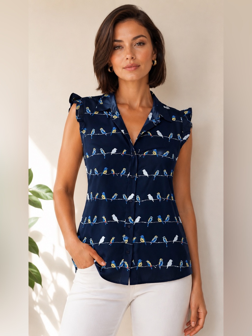 Elle Navy Bird-Print Cap Sleeve Button-Down Top